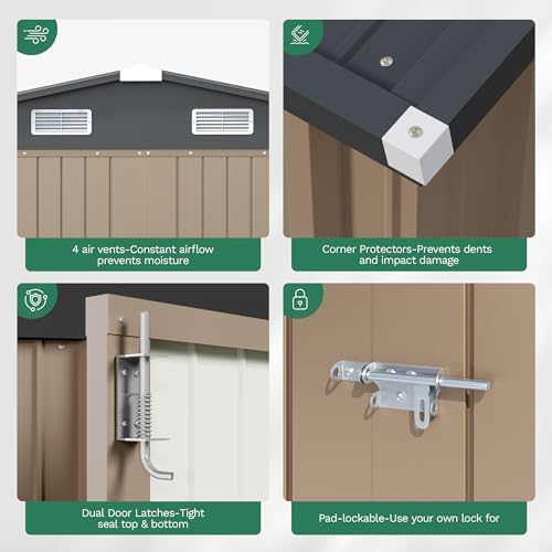 JUMMICO 10x12 FT Outdoor Storage Shed, Heavy Duty Metal Shed with Lockable Door&Slooping Roof, Tool Shed for Garden Backyard Patio(Brown) - Image 7