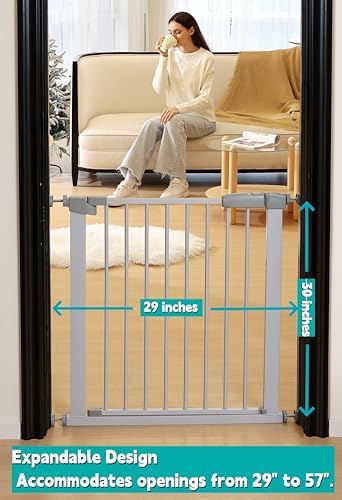 30.47"-32.64" Baby and Pet Safety Gate, 30" Tall Metal Walk-Thru Gate for Doorways & Stairs, Easy One-Hand Open, Dual Lock (Gray, 29" W x 30.5“H) - Image 2