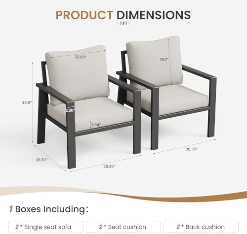 Outdoor Sofa Chair Aluminum Patio Couch Set of 2 All-Weather Patio Sofa Armchair Furniture Set Chairs with Beige Cushions - Image 4