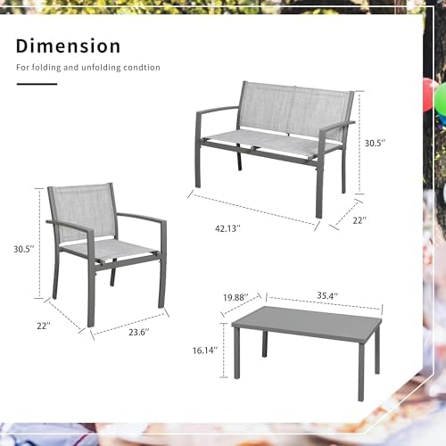 Shintenchi 4 Pieces Patio Furniture Set All Weather Textile Fabric Outdoor Conversation Set, with Glass Coffee Table, Loveseat, 2 Single Chairs for Home, Garden, Lawn, Porch（Silver） - Image 4