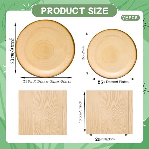 75Pcs Wood Grain Party Supplies Rustic Wood Slice Part y Set 9"& 7" Wood Grain Plates and Napkins for Camp Fire Camping Woodland Animal Lumberjack Wood Birthday Party Decor Serve25 - Image 5