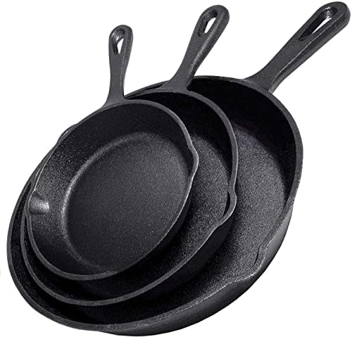 Cast Iron Skillet 3-Piece Set w/Cookbook - Heavy-Duty Professional Restaurant Chef Quality Pre-Seasoned Pan Cookware - 10", 8", 6.25" Pans - For Frying, Saute, Cooking, Pizza - Black by Simple+Chef