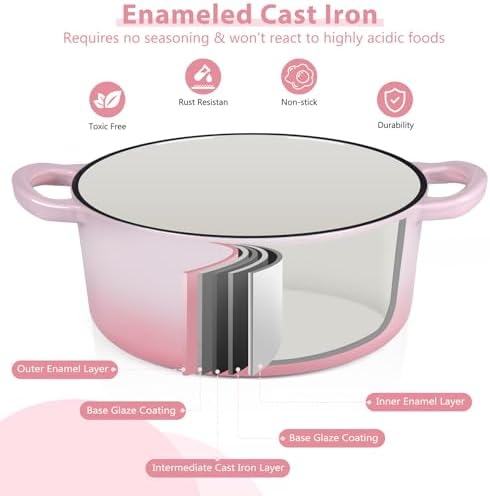 E-far 3 Qt Enameled Cast Iron Dutch Oven with Lid, Small Round Nonstick Dutch Oven Pot for Bread Baking Braising Stews Roasting Cooking, Heavy Duty, Induction & Oven Safe - Pink - Image 4