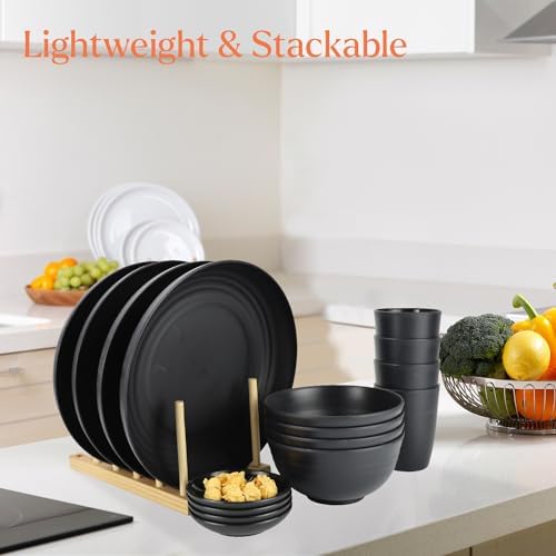 Wrova Wheat straw dinnerware sets of 16-10 inches plates,26oz bowls,2oz dipping bowls,12oz cups - Unbreakable plates and bowls sets microwave safe and dishwasher safe,service for 4. Black - Image 4