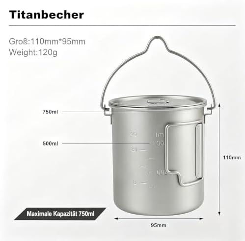 THTYBROS Titanium Cup Ultralight Camping Mug with Foldable Handle & Lid, Pure Titanium Cookware for Outdoor Hiking, Backpacking, Picnic, and Campfire - Image 3