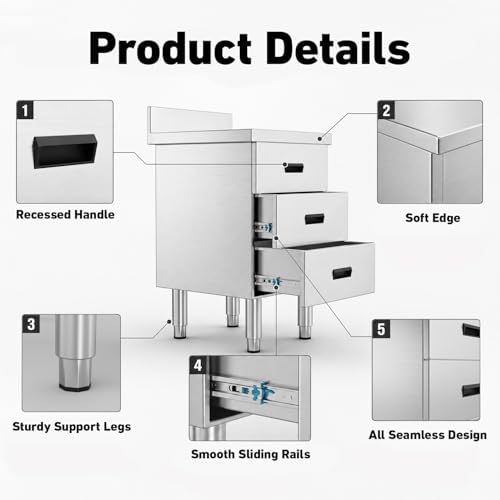 Stainless Steel Kitchen Drawer Cabinet,19.69 x 21.87 x 35.43 in Outdoor Kitchen Storage Cabinet with 3 Deep Drawers Freestanding Commercial Kitchen Cabinet for BBQ Island Indoor Outdoor - Image 4