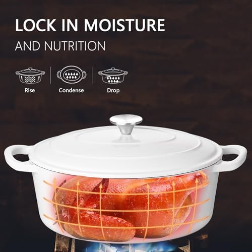 Leonyo 5-Quart Enameled Cast Iron Oval Dutch Oven Pot with Lid, White - Image 4
