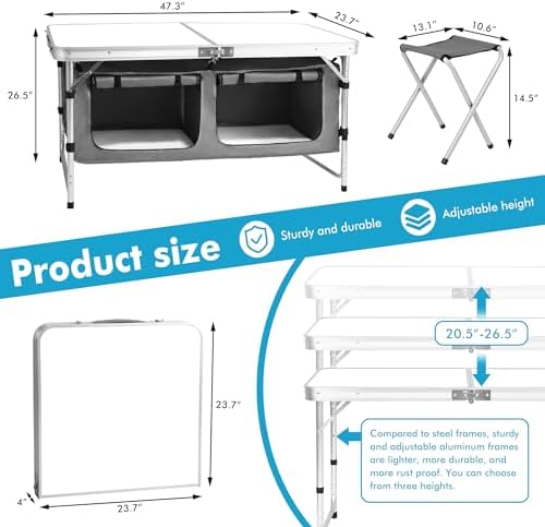 Camp Field Camping Folding Aluminum Table with Adjustable Legs for Outdoor Travel Beach, Backyards, BBQ, Party and Picnic Foldable Table - Image 2