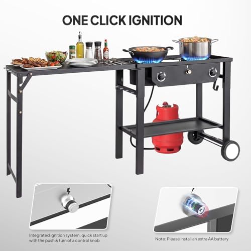 Bonnlo 2 Burner Propane Gas Stove with Work Station & Auto Ignition, 150,000 BTU Portable Camping Stove with Wheels & Regulator, Outdoor Propane Stove for Backyard Patio Cooking BBQ - Image 5