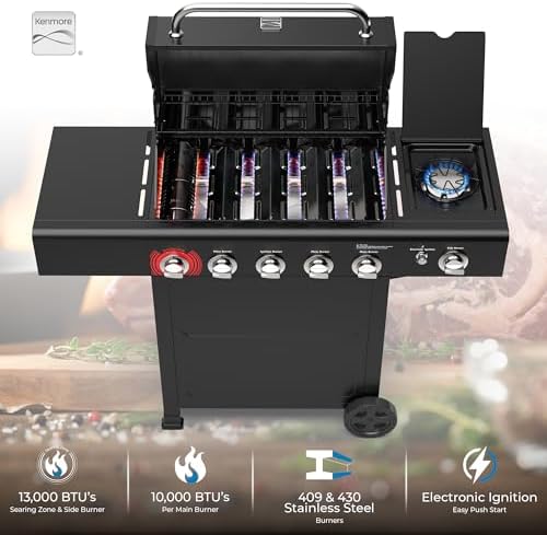 Kenmore 4-Burner Gas Grill with Side Burner, Outdoor BBQ Grill, Propane Gas Grill, Cast Iron Cooking Grates, Electronic Ignition, Warming Rack, Open Cart Design, 53000 BTUs, Black - Image 3
