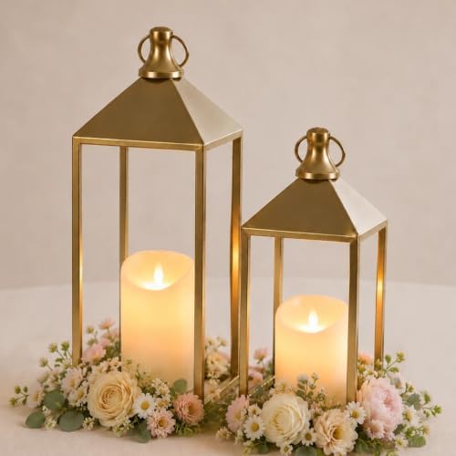 Decorative Candle Lanterns Indoor, 2 Pcs Gold Metal Lanterns with Candles by MATAHUMbeyourbetterchoice