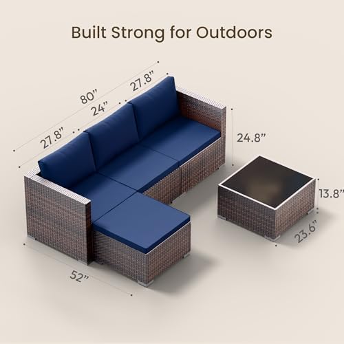 Patio Furniture Set - All-Weather -5 Piece Outdoor Patio Conversation Couch Sets, Modular Wicker Rattan Sectional Sofa for Garden, Patio, Poolside, Backyard, Balcony, Porch,Navy Blue - Image 4