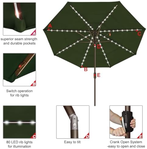 EliteShade USA 10-Year-Non-Fading 9ft 3-Tier Market Patio Umbrella, Commercial Table Umbrella with 80 Solar LED Lights, Crank Open, Windproof & UPF 50+ UV Protection for Garden, Deck, Pool, Backyard, Fern - Image 5