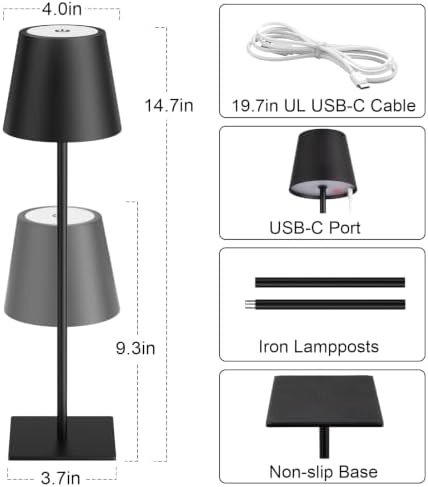 Kakanuo Cordless Rechargeable Table Lamp Black 5000mAh Battery Operated Lamps, 3 Colors Stepless Dimming Touch Lamp for Dining, Living Room, Outdoor Patio, Kitchen Counter, 4 Pack - Image 5