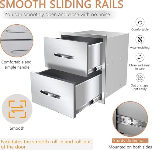 Outdoor Kitchen Drawers, Box Frame Style Flush Mount BBQ Drawer w/Stainless Steel Handle, BBQ Island Drawers For Patio Grill Station,Double Drawers - Image 4