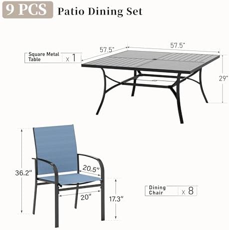 SUNSHINE VALLEY 9pc Patio Dining Set, 57.5" Square Table & 8 Blue Chairs - Image 5