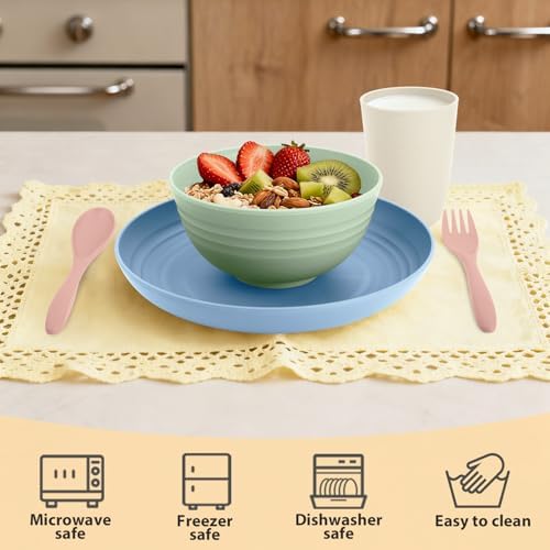 Wheat Straw Dinnerware Sets 20 PCS Service for 4, Unbreakable Kitchen Plates and Bowls Sets, Microwave Dishwasher Safe Dish Set, Outdoor Camping, RV, Apartment Essentials - Colorful - Image 5