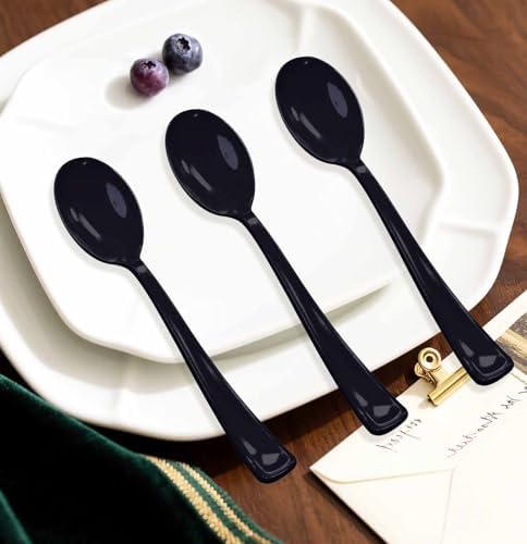SietDESEO 25 PCS Black Plastic Spoons Disposable Utensils Heavy Duty Black Spoons Disposable Cutlery for Birthday Wedding Baby Shower Bridal Shower Plastic Silverware - Image 5