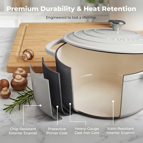 Zulay Kitchen 7.7 Quart Enameled Cast Iron Dutch Oven Pot with Lid – Premium Durability & Oven Safe up to 500°F – Heavy Duty Cookware Perfect for Bread Baking, Stews, Braising & Roasting – White - Image 5