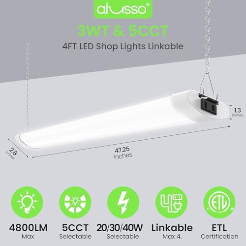 ALUSSO® LED Shop Lights 4FT for Garage, 4800LM Adjustable 20W/30W/40W, 5CCT 2700K 3000K 4000K 5000K 6500K, 120V, Warm to Cool Daylight Linkable Shop Lights for Workshop, ETL, 2 Pack - Image 2