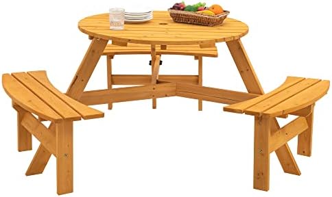 35.43'' Round Outdoor Dining Table Wooden Patio Dining Table & 3 Curved Built-in Bench for 6, 2" Umbrella Hole, Suitable for Backyard Garden Porch, Natural - Image 5