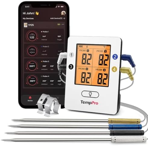 TempPro TempSync 650ft Bluetooth Meat Thermometer for Cooking with 4 Probes by TempPro