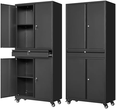 Letaya Metal Garage Storage Cabinet with Wheels,Rolling Tool Cabinet with 4 Door Lock-Adjustable Shelves and 1 Drawer for Garage Home Office Utility Room (Black with Wheels) by LetayaMetalCabinets
