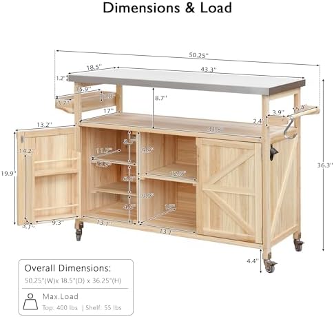 Outdoor Kitchen Island with Stainless Steel Top, Rolling Bar Cart & Storage Cabinet, 100% Solid Fir Wood BBQ Prep Station Grill Table with Spice Rack & Towel Holder (Natural, 50-Inch) - Image 3
