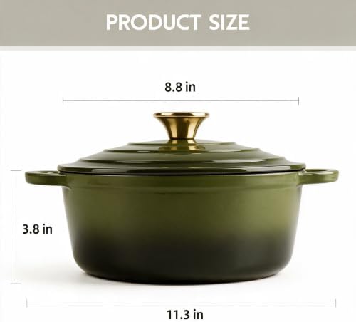 Dutch Oven Enameled Cast Iron with Lid - Big Dual Handles - Oven Safe up to 500°F - Classic Round Pot for Versatile Cooking 3 QT Deep Pot Golden Green - Image 2