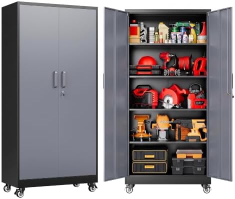 SISESOL 75" Tall Black Gray Metal Storage Cabinet with Wheels and Shelves by SISESOL