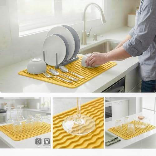 MicoYang Silicone Dish Drying Mat — Quick-Dry Ridges Counter & Sink Pad, Heat-Resistant Trivet to 450°F, Non-Slip & Dishwasher Safe, Roll-Up Storage, 18 Colors & 9 Sizes (Yellow, 16"×12") - Image 3