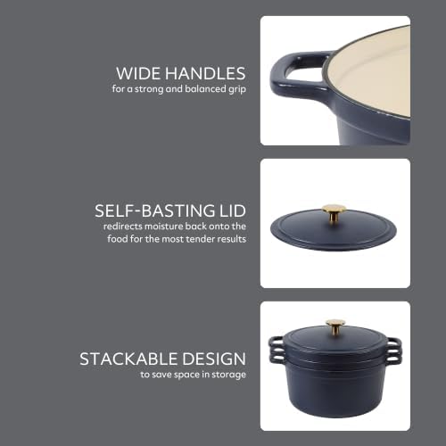 Sur La Table Kitchen Essentials 4-Piece Enameled Cast Iron Stackable Cookware Set, 5.3 Qt Dutch Oven with Lid, Braiser & Grill Pan, Navy Blue, Gold Knob Oven Safe to 500°F, Induction Compatible - Image 5
