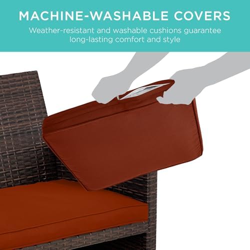 Best Choice Products 4-Piece Outdoor Wicker Patio Conversation Furniture Set for Backyard w/Coffee Table, Seat Cushions - Brown/Dark Rust - Image 5