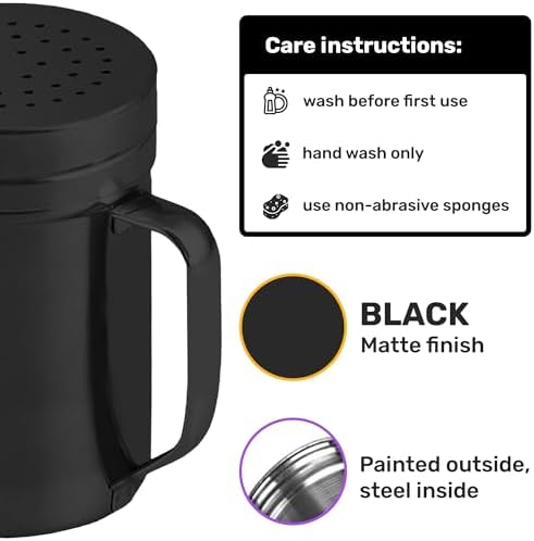 CUSINIUM 14oz Black Stainless Steel Salt Pepper Dredge Shakers - With Plastic Cap - With Handle - Pack of 2 - Image 4