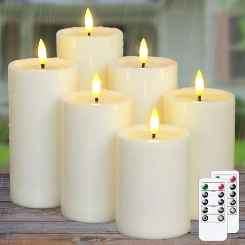 Yeelida Outdoor 6pcs Flameless Waterproof Candles with Handy Remote Control, Cycle Timer Battery Operated Candle Grease Effect LED Flickering Pillar Plastic Long Lasting (Ivory, 3" x4" 5" 5" 6" 6" 7") by Yeelida