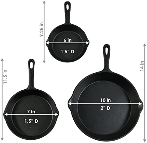 Sunnydaze 3-Piece Pre-Seasoned Heavy-Duty Cast Iron Skillet Set - 6-Inch, 7-Inch, and 10-Inch Black Metal Frying Pans - Image 3