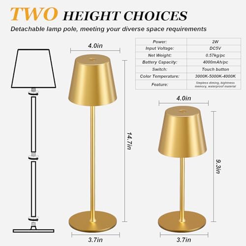 Cordless Table Lamp Rechargeable Gold - KK 2 Pack 5000mAH Battery Operated Lamp for Dining Table, 3 Color Stepless Dimming Wireless Lamp for Counter, Outdoor Patio, Touch Control, Water Repellent - Image 5