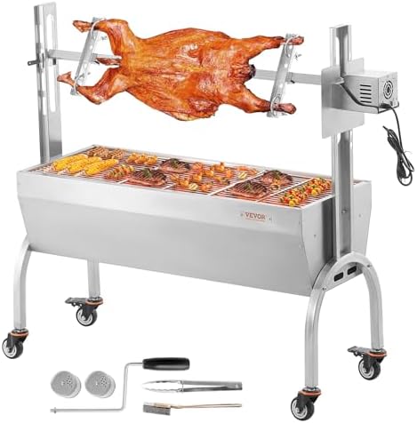 VEVOR Rotisserie Grill, BBQ Whole Pig Lamb Goat Charcoal Spit Grill, 46 Inch 132 Lbs Capacity, Electric 52W Motor Stainless Steel Rotisserie Roaster with Lockable Wheels, for Camping Outdoor by VEVOR