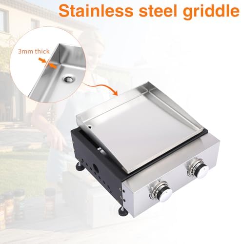 2-Burner Portable Tabletop Gas Griddle with Stainless Steel Griddle, Includes Dust Cover & Regulator, Perfect for Camping & Tailgating - Image 2