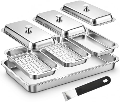 BBQ Vegetable Grill Basket Set, 4 Piece Stainless Steel Grill Pan Set with Universal Handle & lid, Dishwasher Safe, for Outdoor Cooking, Camping, Picnic, For Grilling Fish Veggies & Meats by SearCook