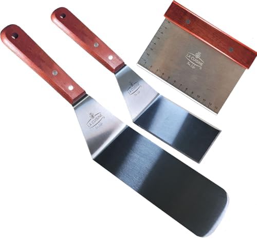La Cuisine 3 PC Stainless Steel Griddle Spatula Set — Standard & Long Spatulas + Chopper/Scraper with Solid Wood Handles for Grill, BBQ, Teppanyaki & Flat Top Cooking by LaCuisineforlife