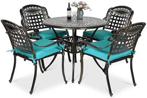 VIVIJASON 5-Piece Patio Furniture Dining Set, All-Weather Cast Aluminum Outdoor Conversation Set, Include 4 Cushioned Chairs and a 35.4" Round Table w/Umbrella Hole, Ocean Blue Cushion by VIVIJASON