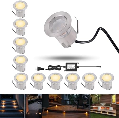 RNEHON LED Deck Lights Kit, Waterproof IP67 Deck Lamp Low Voltage 10 pcs Warm White LED In-ground Lighting Outdoor Garden Yard Pathway Patio Step Stairs Landscape Decor Lamps by MRNEHON