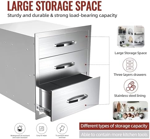 Outdoor Kitchen Drawers, BBQ Drawers for Outdoor Grill Station, 14''W x 21''H x 23''D Stainless Steel Built-in Cabinet with Handle, Weatherproof and Durable Storage for BBQ Accessories and Trash - Image 5