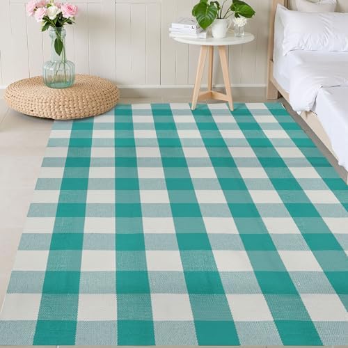 SEEKSEE Buffalo Plaid Rug 4' x 6' Light Blue and White Large Front Door Mat, Layering Area Rug, Spring Summer Rug for Outdoor Patio Entryway Indoor Living Room Kitchen Dining Room Decor by SEEKSEE