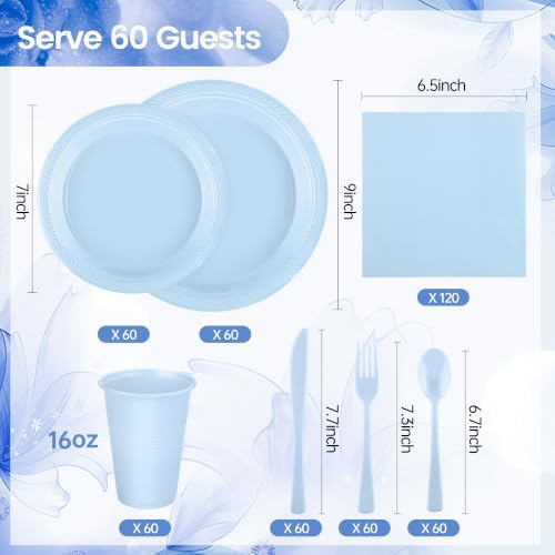Kochorie 480 Pieces Light Blue Plastic Dinnerware Set Disposable Heavy Duty Plates Napkins Cups Silverware Dessert Dinner Plates for Birthday Wedding Baby Shower Party Supplies, Serves 60 Guests - Image 2