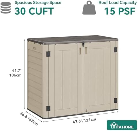 YITAHOME 30 cuft Outdoor Storage Shed w/o Shelf, Horizontal Storage Cabinet for Garden Tool, Waterproof Storage Shed Plastic for Garage, Resin Pool Storage, Easy to Assemble, Khaki & Brown - Image 7