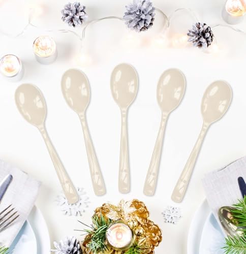 SietDESEO 25 PCS Ivory Plastic Spoons Disposable Utensils Heavy Duty Ivory Spoons Disposable Cutlery for Birthday Wedding Baby Shower Bridal Shower Plastic Silverware - Image 2