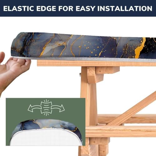 CAPSCEOLL Fitted Picnic Table Cover with Bench Covers 8ft - Elastic Scratch-Resistant Waterproof - Black Blue Marble Camping Tablecloth with Drawstring Bag for RV Essentials Pet Lovers (96in, 3 PCS) - Image 4