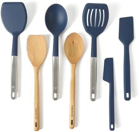 Calphalon Prime 7-Piece Silicone and Teak Wood Kitchen Tool Set, Stainless Steel Kitchen Utensil Set, Kitchen Spoon And Spatula Set, Heat Resistant Non-Slip Kitchen Gadgets Set - Navy Blue by Calphalon
